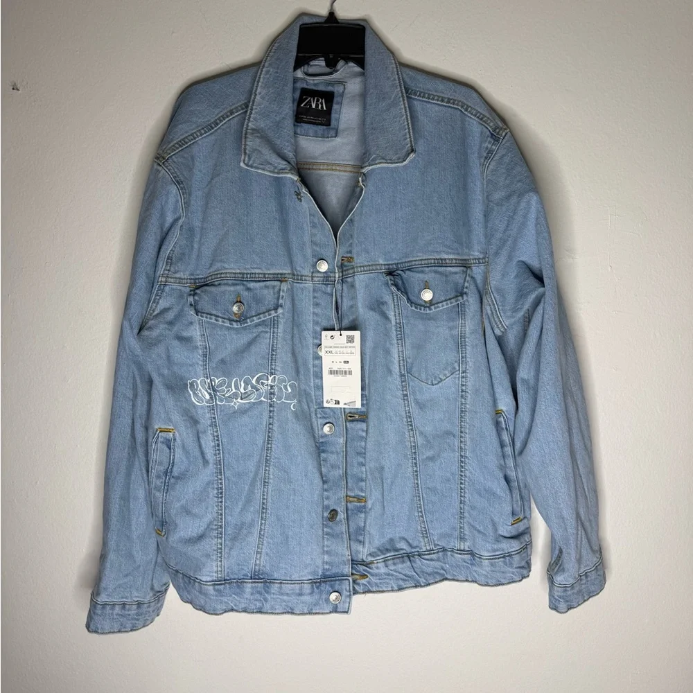 Zara Graffiti Print PURELOGIC Denim Acid Wash jacket